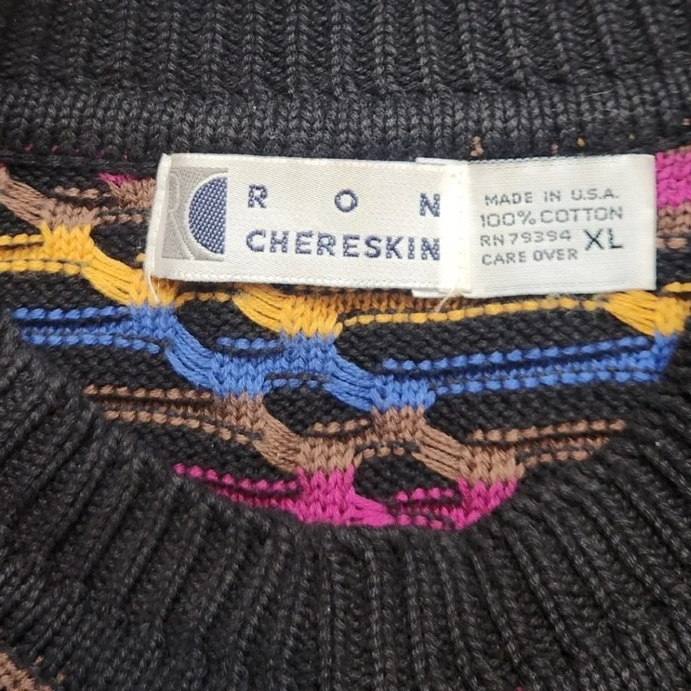 Ron Chereskin Sweater Mens XL Black Multi Cotton Vintage 90s Textured Knit